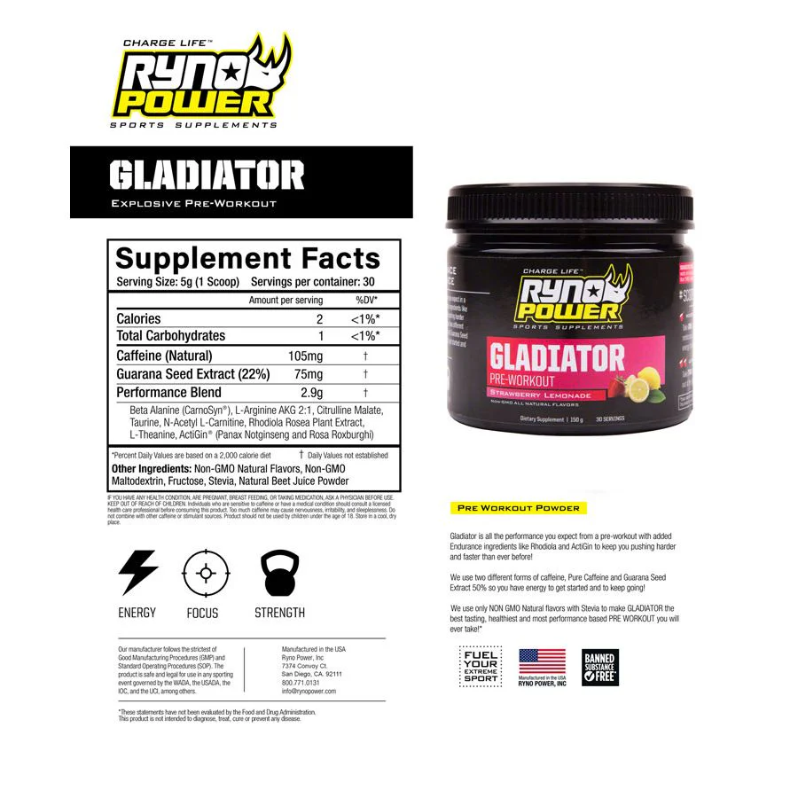 Gladiator Pre-Workout Drink Mix - Strawberry Lemonade, 30 Servings - Image 4
